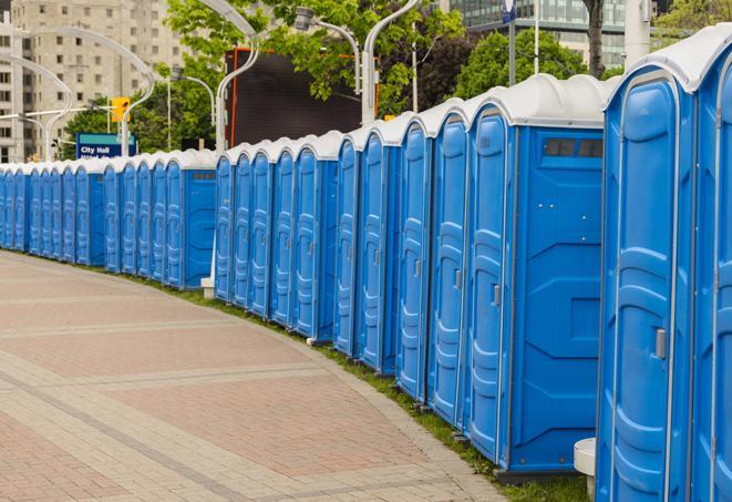 a row of portable restrooms at a fairground, offering visitors a clean and hassle-free experience in mountcarmel